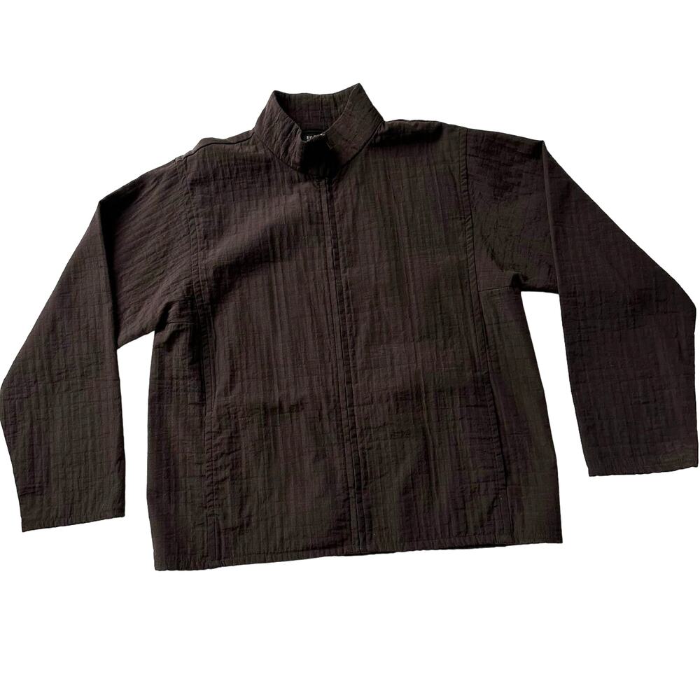 Eileen Fisher Minimalist USA Made Grid Full Zip‎ Mock Neck Brown Light Jacket M